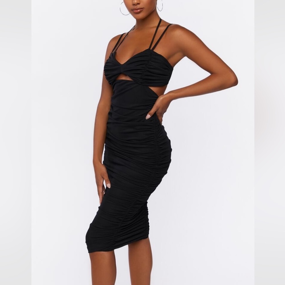 Sexy Black Ruched Strappy Body Con Forever 21 Dress Cut Out Midi Club Party Mesh
